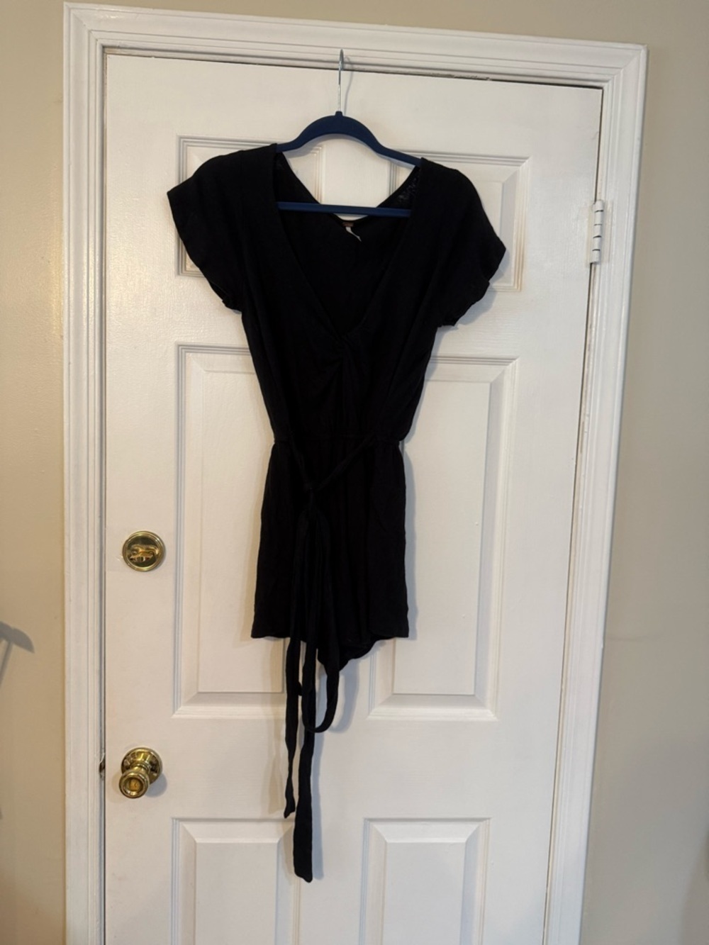 Free People Black Short Sleeve Tie-Waist Romper
